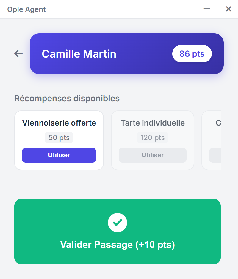 Logiciel de caisse Oplé pour Windows : la fiche de Camille Martin avec 86 points, ses récompenses et le bouton Valider passage (+10 points).