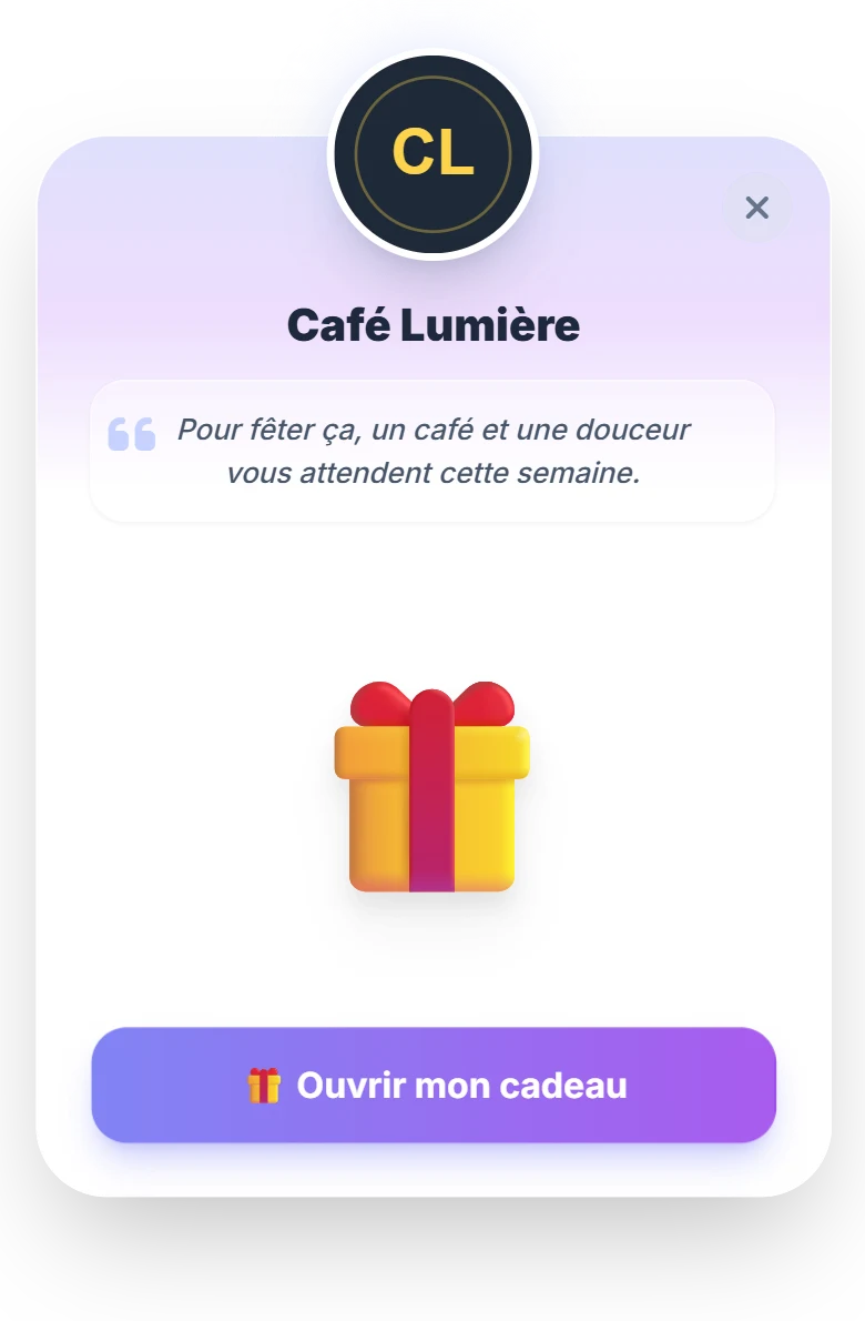 Pop-up d'anniversaire du Café Lumière avec un cadeau à ouvrir.