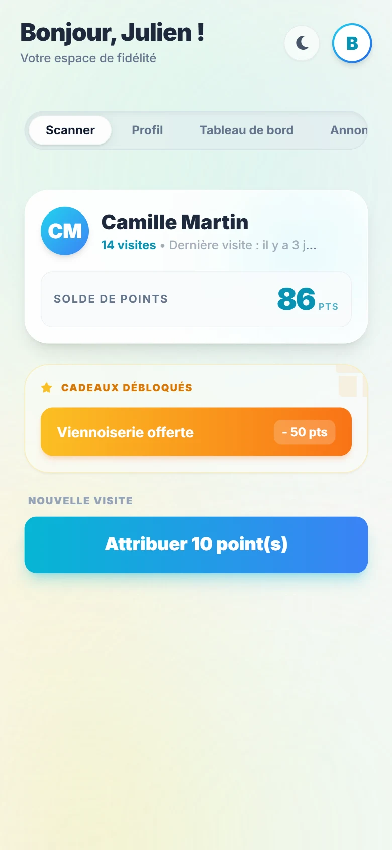 Écran commerçant après un scan, avec le solde de points de la cliente.